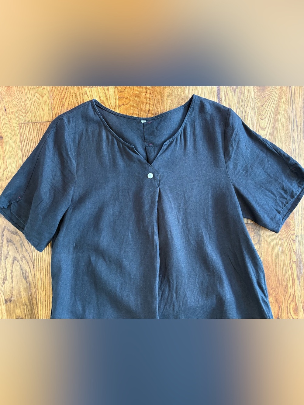 Minimalist 100% Linen Shift Dress Pockets Short Sleeve Lagenlook Black M - Picture 4 of 13